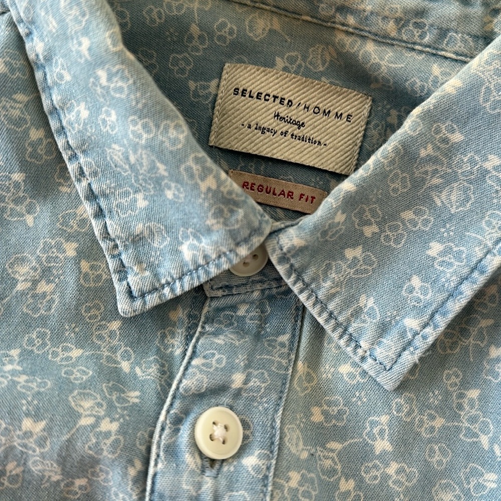 Select Homme Heritage Light Blue Floral Button Down Short Sleeve Shirt